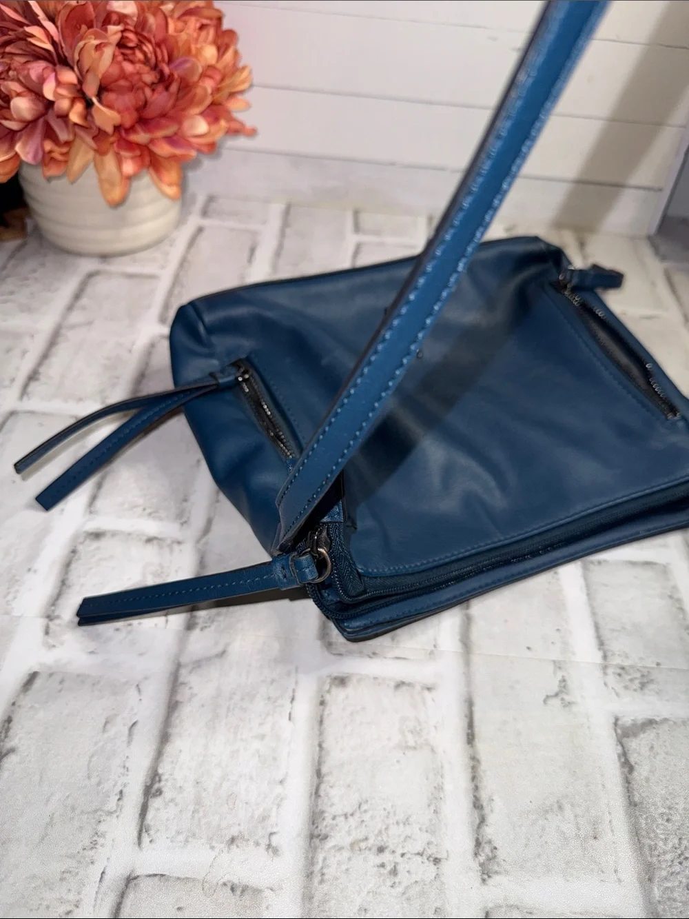 Blue Leather Crossbody Bag with Front Zippers